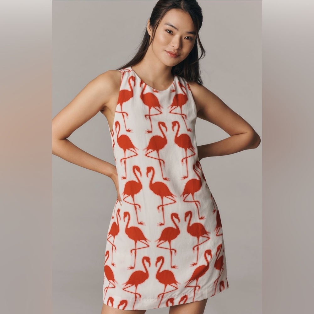 Anthropologie NWT Maeve Sleeveless Flamingo Print Linen Blend Mini Dress Sz XXS